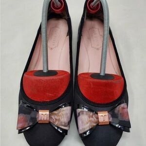 Ted Baker Black Flats with Bow and Circular Accent